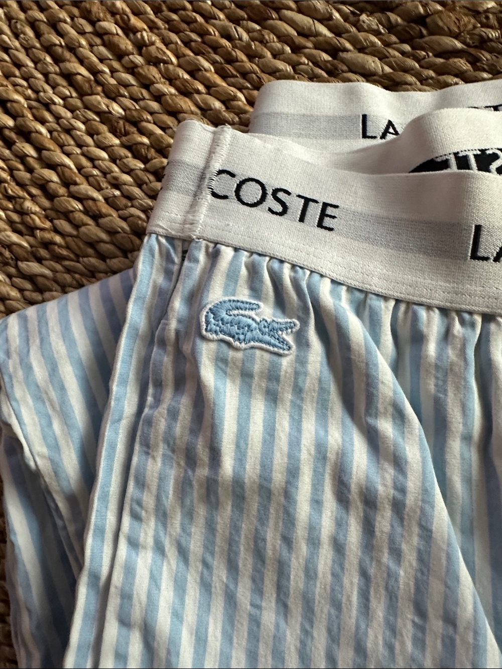 Lacoste size 6 Light Blue & White Striped pajama pants with Green Croc logos - Picture 2 of 7